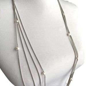 DAVID YURMAN 925 Silver Pearl 36" Long Layered Station Necklace Luxury Designer